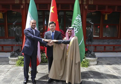 In this picture released by the Iranian Foreign Ministry, Iran's Foreign Minister Hossein Amirabdollahian, left, shakes hands with his Saudi Arabian counterpart Prince Faisal bin Farhan Al Saud, right, and Chineses counterpart Qin Gang in Beijing Thursday, April 6, 2023.  AP/RSS Photo
