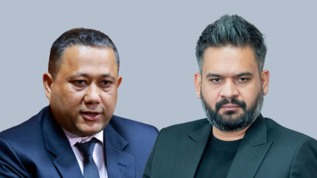 Foreign Minister Shishir Khanal (lef) and Prime Minister Balen Shah
