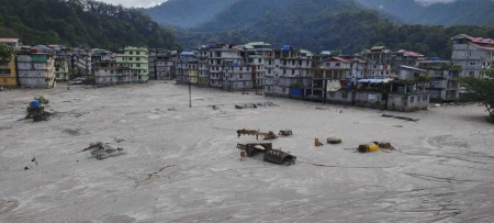 Buildings are inundated after flash floods triggered by a sudden heavy rainfall swamped the Rangpo town in Sikkim, India, Thursday, Oct.5. 2023. AP/RSS Photo