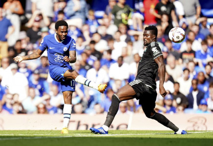 Chelsea's Raheem Sterling scores the opening goal during the English Premier League match between Chelsea and Leicester City at Stamford Bridge Stadium in London, Saturday, Aug 27, 2022. (AP/RSS Photo)