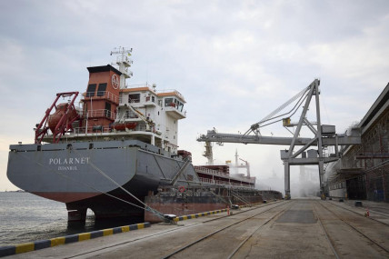 In this photo provided by the Ukrainian Presidential Press Office, a Turkish Polarnet cargo ship is loading Ukrainian grain in a port in Odesa region, Ukraine, July 29, 2022. (AP Photo/RSS)