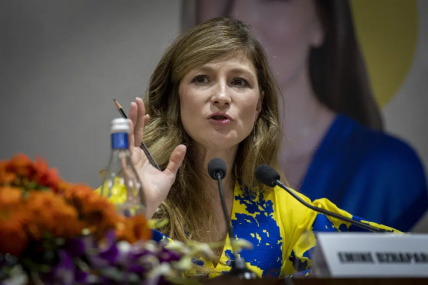 First Deputy Foreign Minister of Ukraine Emine Dzhaparova replies to a question after her talk at an event in New Delhi, India, Tuesday, April, 11, 2023.  AP/RSS Photo