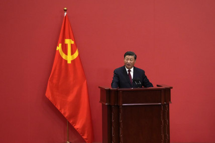 Chinese President Xi Jinping speaks at an event to introduce new members of the Politburo Standing Committee at the Great Hall of the People in Beijing, Sunday, Oct 23, 2022. (AP/RSS Photo)