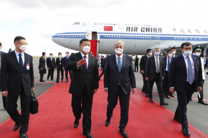 Chinese President Xi Jinping, left, walks with Kazakhstan's President Kassym-Jomart Tokayev as he arrives at the Nur-sultan Nazarbayev International Airport for a state visit to Kazakhstan on Wednesday, Sept. 14, 2022, in Nur-Sultan, Kazakhstan. AP/RSS Photo