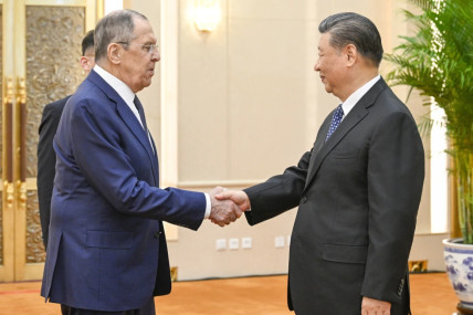 In this photo released by Xinhua News Agency, Russian Foreign Minister Sergey Lavrov, left, and Chinese President Xi Jinping meets at the Great Hall of the People in Beijing on April 9, 2024. AP/RSS Photo