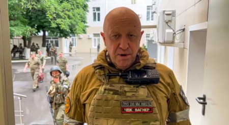 In this handout photo taken from video released by Prigozhin Press Service, Yevgeny Prigozhin, the owner of the Wagner Group military company, records his video addresses in Rostov-on-Don, Russia, Saturday, June 24, 2023.  AP/RSS Photo