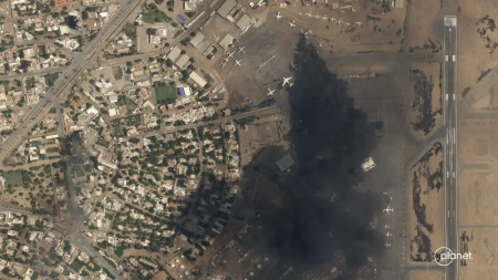 This satellite photo by Planet Labs PBC shows two burning planes at Khartoum International Airport, Sudan, Sunday April 16, 2023. AP/RSS Photo