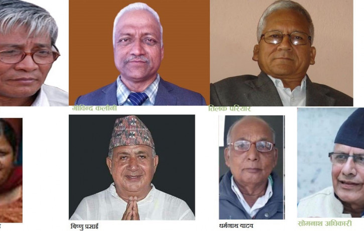 (From left) Amik Sherchan, Govinda Kalauni, Tilak Pariyar, Sharmila Tripathi, Bishnu Prasai, Dharma Nath Yadav and Som Nath Adhikari Pyasi.