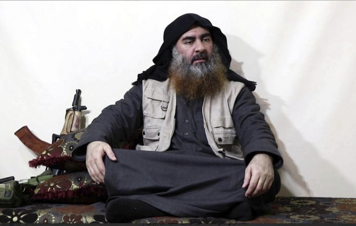 This file image made from video posted on a militant website April 29, 2019, purports to show the leader of the Islamic State group, Abu Bakr al-Baghdadi being interviewed by his group's Al-F