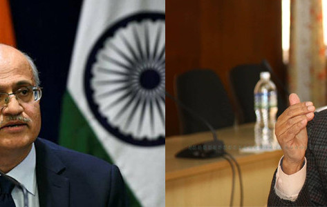 Indian Foreign Secretary Vijay Gokhale (L) and Nepali Ambassador to India Nilamber Acharya
