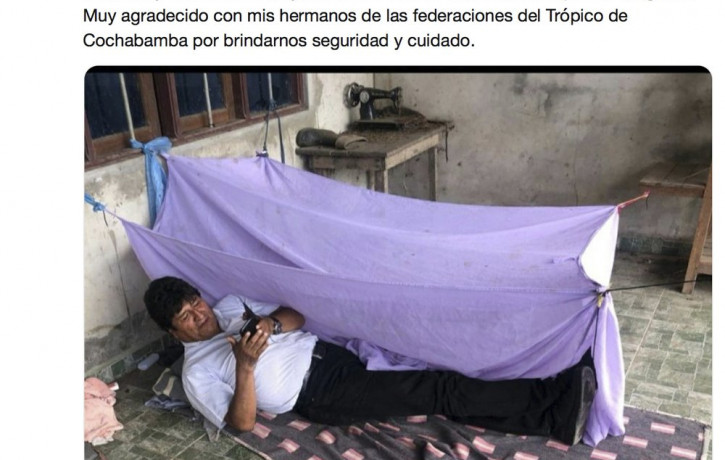 This screen grab of a tweet posted on the account of Bolivia's former President Evo Morales on Monday, Nov. 11, 2019, shows him lying on the floor at an undisclosed location.