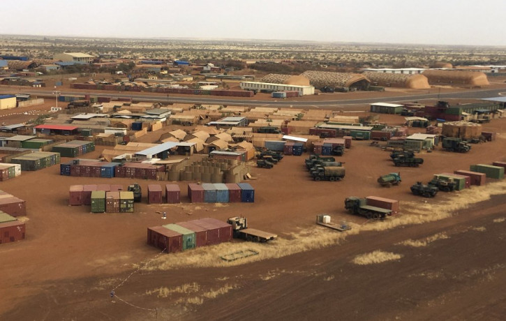 In this photo taken on Friday, Nov. 1, 2019, an aerial view of Goa airport in Mali, where French soldiers have massive presence.