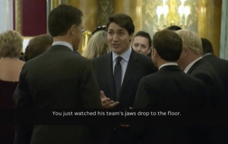 In this grab taken from video on Tuesday, Dec. 3, 2019, Canada's Prime Minister Justin Trudeau gossips about US President Donald Trump with other leaders.