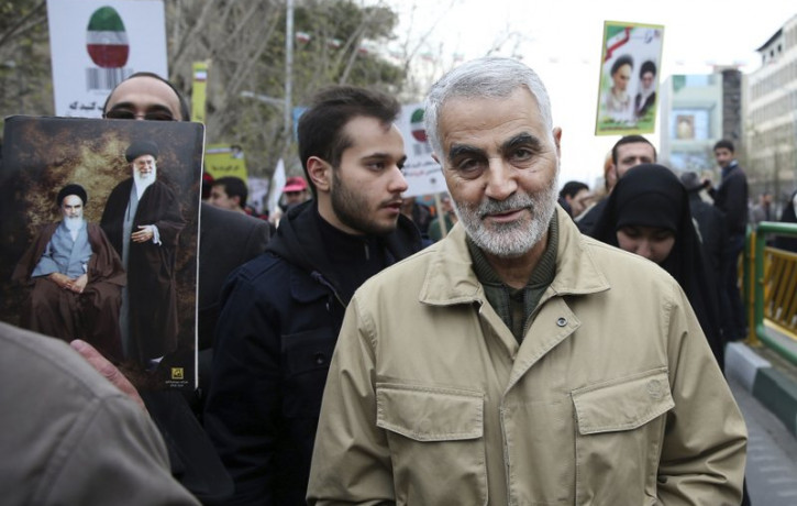 In this Thursday, Feb. 11, 2016, file photo, Qassem Soleimani, commander of Iran's Quds Force, attends an annual rally commemorating the anniversary of the 1979 Islamic revolution, in Tehran,
