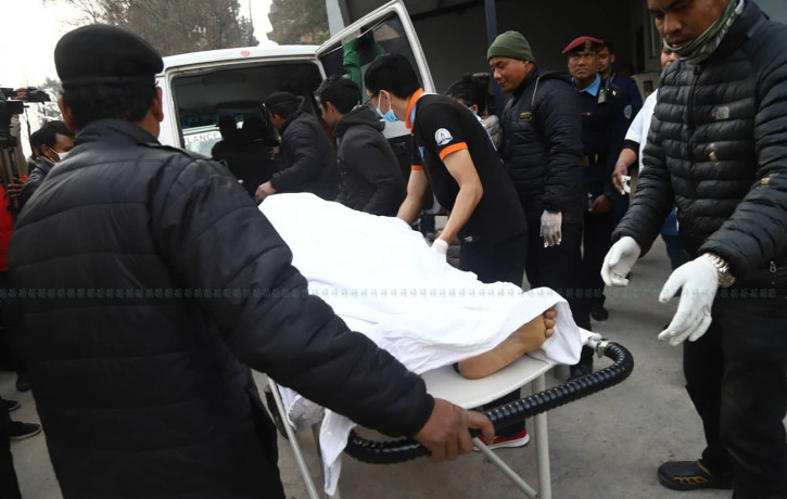 Bodies of the Indian nationals being taken to the TUTH for autopsy on Tuesday. Photo: Nisha Bhandari/Setopati