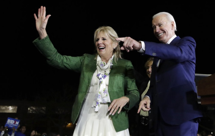 Democratic presidential candidate former Vice President Joe Biden, right, and his wife Jill attend a primary election night rally Tuesday, March 3, 2020, in Los Angeles.