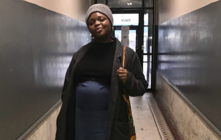 This Feb 1, 2020 photo provided Maureen Nicol shows her in Harlem, N.Y. Nicol, a single Columbia University PhD student pregnant with her first child, will be giving birth out of state, not a