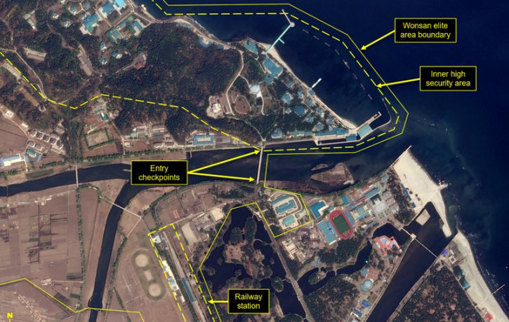 This Wednesday, April 15, 2020, satellite image provided by Airbus Defence & Space and annotated by 38 North, a website specializing in North Korea studies, shows overview of Wonsan complex i