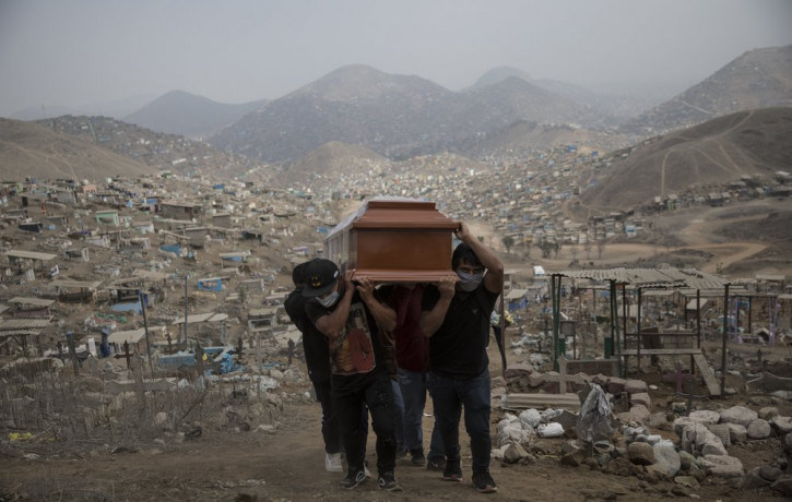 Relatives carry the coffin of a suspected COVID-19 victim at the Nueva Esperanza cemetery on the outskirts of Lima, Peru, Thursday, May 28, 2020.