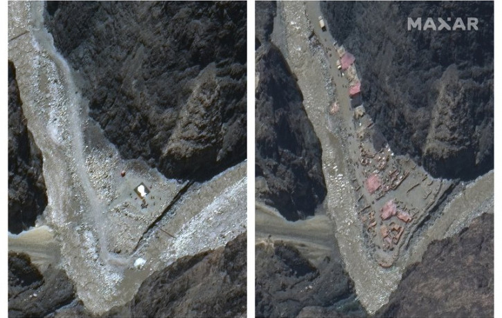 This combination of May 22, 2020, left, and June 23 satellite images provided by Maxar Technologies shows construction in the Galwan river valley near the disputed border known as the Line of