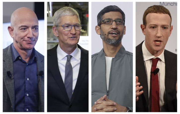 This combination of 2019-2020 photos shows Amazon CEO Jeff Bezos, Apple CEO Tim Cook, Google CEO Sundar Pichai and Facebook CEO Mark Zuckerberg.