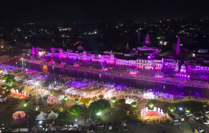 An illuminated city of Ayodhya is seen on the eve of a groundbreaking ceremony of a temple dedicated to the Hindu god Ram in Ayodhya, India, Tuesday, Aug. 4, 2020.