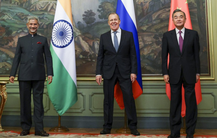 In this photo released by the Russian Foreign Ministry Press Service, India's Foreign Minister S. Jaishankar, left, Russia's Foreign Minister Sergey Lavrov, and China's Foreign Minister Wang 