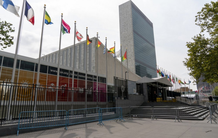 Metal barricades line the the shuttered main entrance to the United Nations headquarters, Friday, Sept. 18, 2020, in New York.