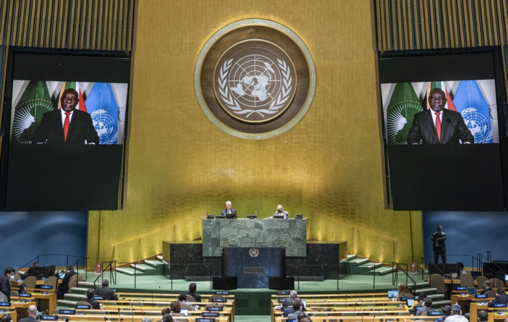 In this photo provided by the United Nations, South African President Cyril Ramaphosa speaks in a pre-recorded message played during the 75th session of the United Nations General Assembly, T