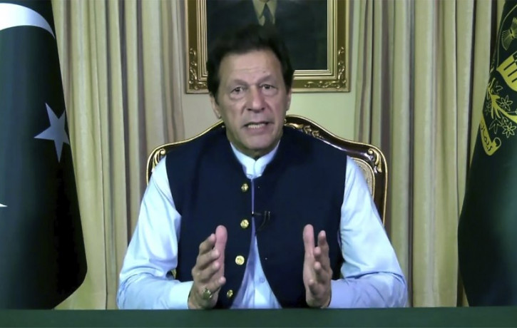 In this image made from UNTV video, Imran Khan, Prime Minister of Pakistan, speaks in a pre-recorded message which was played during the 75th session of the United Nations General Assembly, F