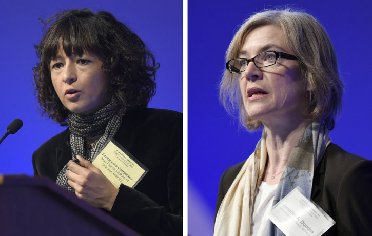 This Tuesday, Dec. 1, 2015 file combo image shows Emmanuelle Charpentier, left, and Jennifer Doudna, both speaking at the National Academy of Sciences international summit on the safety and e