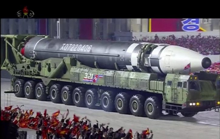 This image made from video broadcasted by North Korea's KRT, shows a military parade with what appears to be possible new intercontinental ballistic missile at the Kim Il Sung Square in Pyong