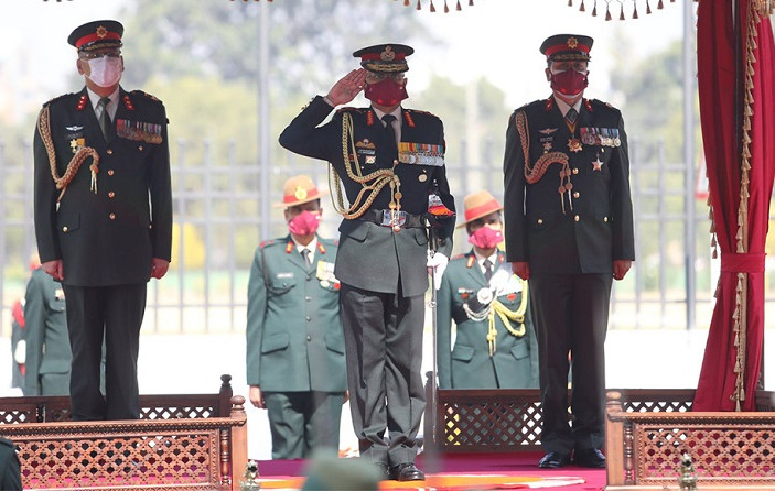 Visiting Indian Army Chief Manoj Mukund Naravane being given guard of honor by the Nepal Army.