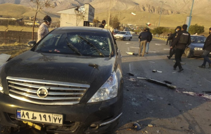 This photo released by the semi-official Fars News Agency shows the scene where Mohsen Fakhrizadeh was killed in Absard, a small city just east of the capital, Tehran, Iran, Friday, Nov. 27, 