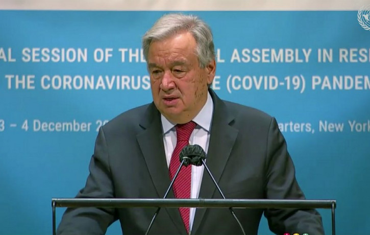 In this image made from UNTV video, United Nations Secretary General Antonio Guterres speaks during the U.N. General Assembly's special session to discuss the response to COVID-19 and the bes