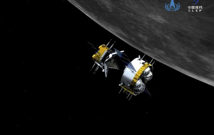 This graphic simulation image provided by China National Space Administration shows the orbiter and returner combination of China's Chang'e-5 probe after its separation from the ascender, at 