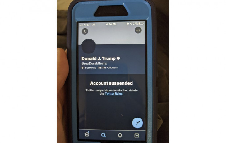This Friday, Jan. 8, 2021 image shows the suspended Twitter account of President Donald Trump. On Friday, the social media company permanently suspended Trump from its platform, citing "risk 