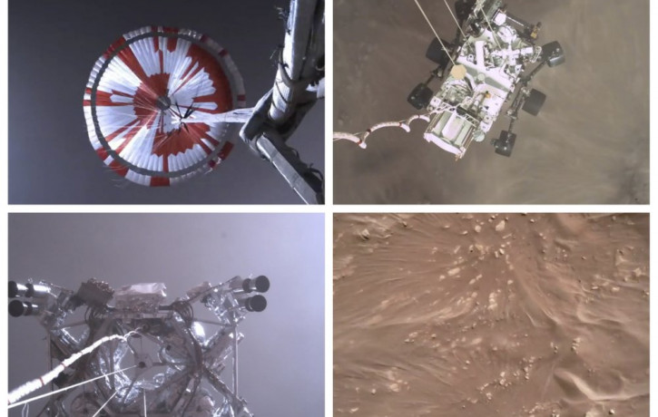 This combination of images from video made available by NASA shows steps in the descent of the Mars Perseverance rover as it approaches the surface of the planet on Thursday, Feb. 18, 2021.