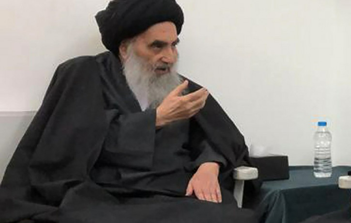 This March, 13, 2019 handout file photo from the office of Grand Ayatollah Ali al-Sistani, shows senior Shiite cleric Grand Ayatollah Ali al-Sistani in the southern Iraqi city of Najaf.