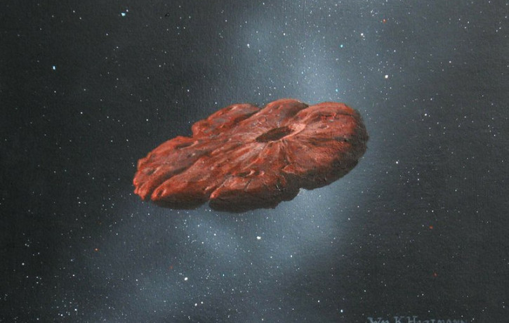 This 2018 illustration provided by William Hartmann and Michael Belton shows a depiction of the Oumuamua interstellar object as a pancake-shaped disk.