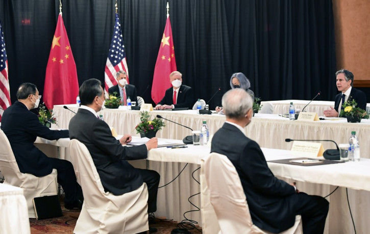 Secretary of State Antony Blinken, far right, speaks as Chinese Communist Party foreign affairs chief Yang Jiechi, left, and China's State Councilor Wang Yi, second from left, listen at the o