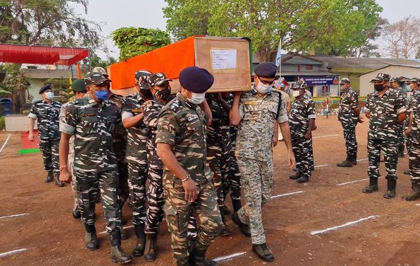 Mortal remains of a jawan of CRPF's CoBRA battalion who lost his life in an encounter with Naxals in Sukma Saturday brought to Jagdalpur. Photo Courtesy: ANI