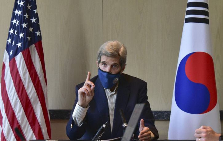 In this photo provided by U.S. Embassy Seoul, U.S. special envoy for climate John Kerry speaks during a round table meeting with the media in Seoul, South Korea, Sunday, April 18, 2021.