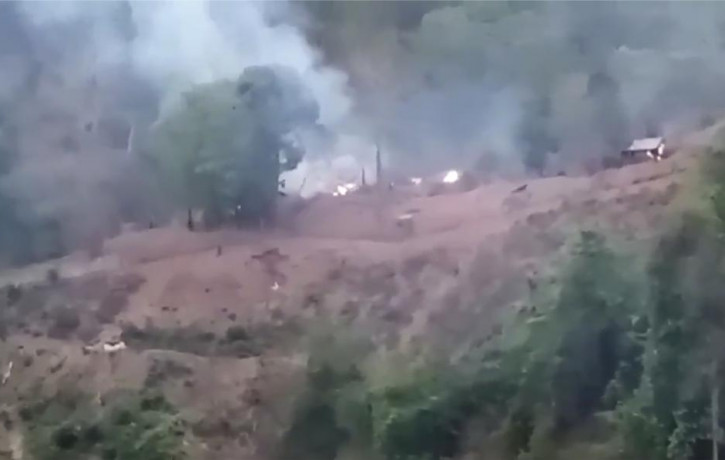In this image made from video by the Transborder News, smoke rises from a Myanmar Army camp near the border of Myanmar and Thailand Tuesday, April 27, 2021.