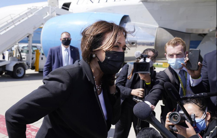 Vice President Kamala Harris speaks to the media on India, prior to boarding Air Force Two, Friday, April 30, 2021, at Cincinnati/Northern Kentucky International Airport, in Hebron, on return