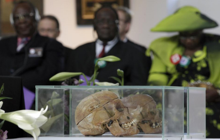 In this Thursday, Sept. 29, 2011 file photo skulls of Ovaherero and Nama people are displayed during a devotion attended by representatives of the tribes from Namibia in Berlin, Germany.
