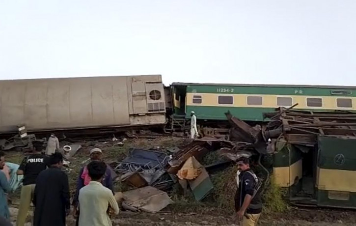 This image from a video, shows trains after a collision in Ghotki, Pakistan Monday, June 7, 2021.