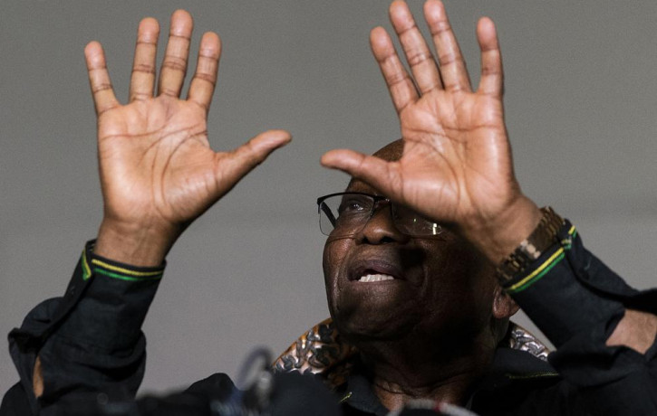 In this Sunday, July 4 2021, file photo former President Jacob Zuma gestures as he addresses the press at his home in Nkandla, KwaZulu-Natal Province, South Africa.