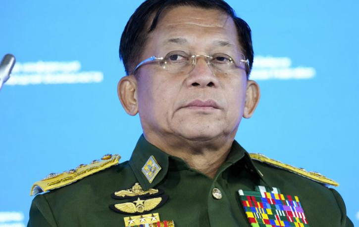 In this June 23, 2021, file photo, Commander-in-Chief of Myanmar's armed forces, Senior General Min Aung Hlaing delivers his speech at the IX Moscow conference on international security in Mo