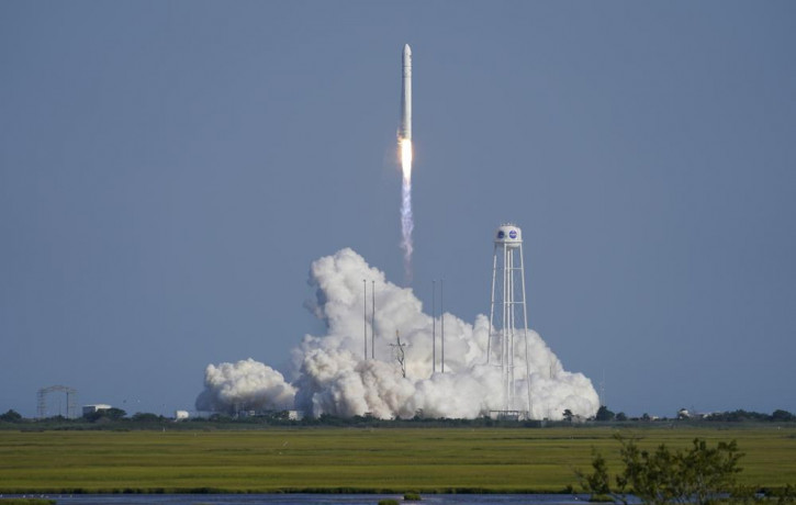 Northrop Grumman's Antares rocket lifts off the launch pad at the NASA Test Flight Facility, Tuesday, Aug. 10, 2021, in Wallops Island, Va. The rocket carries a Cygnus space vessel that will 